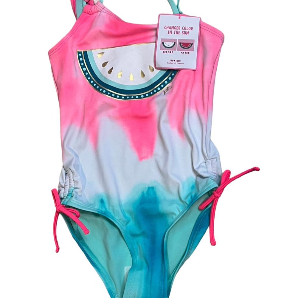 Justice Girls One Shoulder Color Changing Tie Dye Swimsuit Size 7 UPF 50